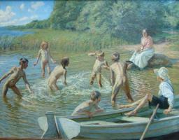 Krause, Emil Axel (1871-1945, Danish), bathing boys and girls, 1910