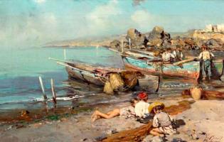 Guisto, Fausto (1867 - 1941, Italian) - ragazzi di Napoli sulla spiaggia